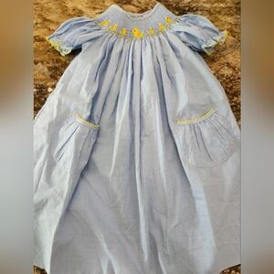 Blue Smocked Dress with Yellow Embroidery
